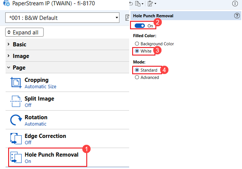   Configure the Hole Punch Removal settings
