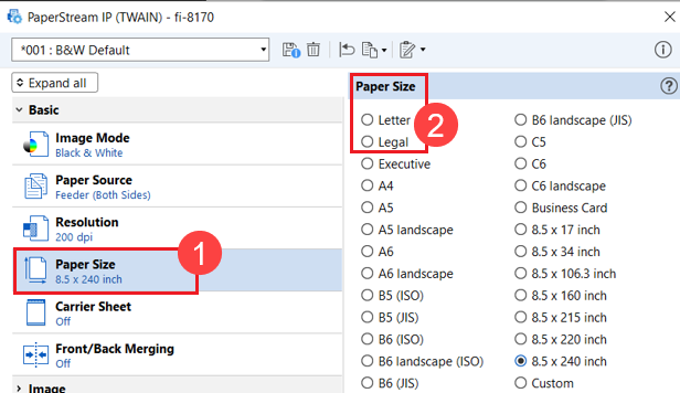  Select Letter or Legal paper size