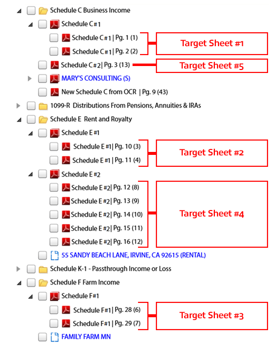 List of targets sheets 1-5