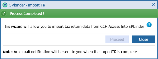 SPbinder - Import TR window: Process Completed
