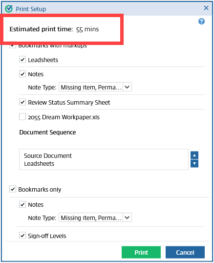 Estimated print time in the Print Setup window