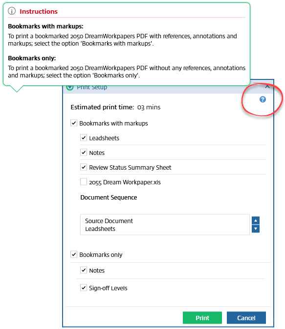 Help instructions in the Print Setup window