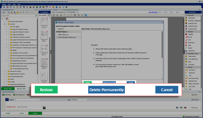 Restore, Delete Permanently, and Cancel