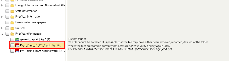 Warning that the document was not found