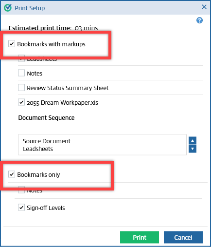 Bookmark with markups&nbsp;and&nbsp;Bookmarks only checkboxes