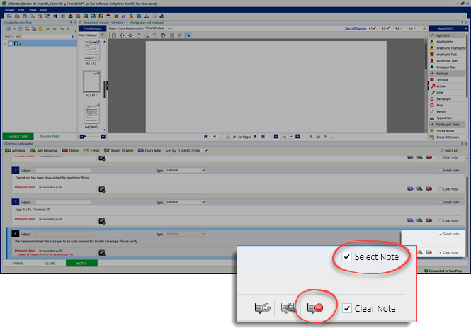Select Note&nbsp;checkbox