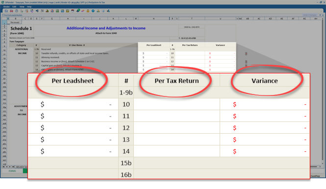 Per Leadsheet, Per Tax Return Columns, and Variance columns