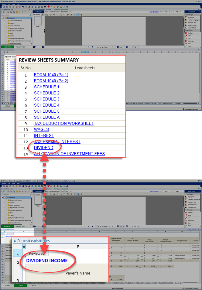 Dividend income int he Review Sheets Summary