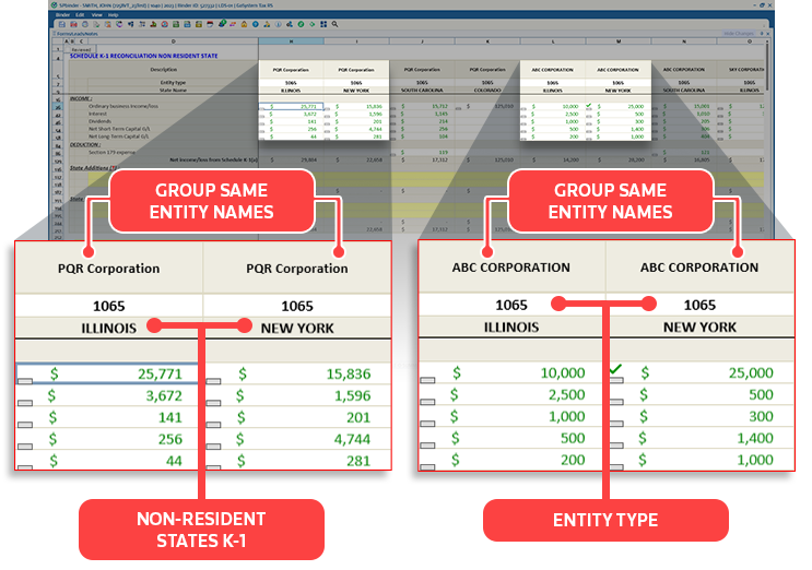 Group same, entity name/types, and non-resident state K-1s