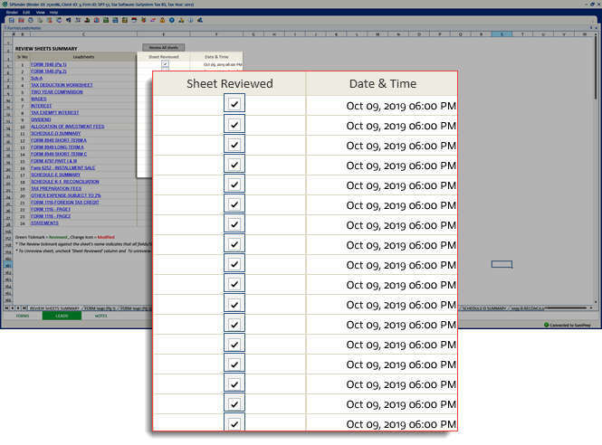 All Sheet Reviewed checkboxes selected