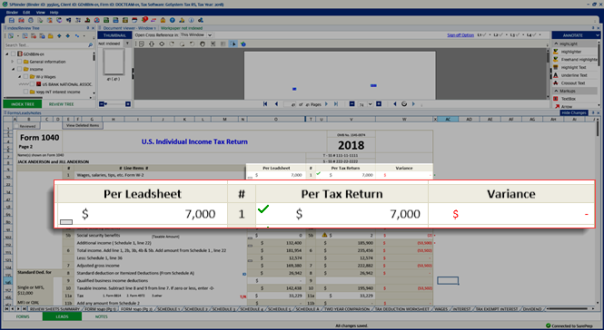 Per Leadsheet, Per Tax Return, and Variance columns