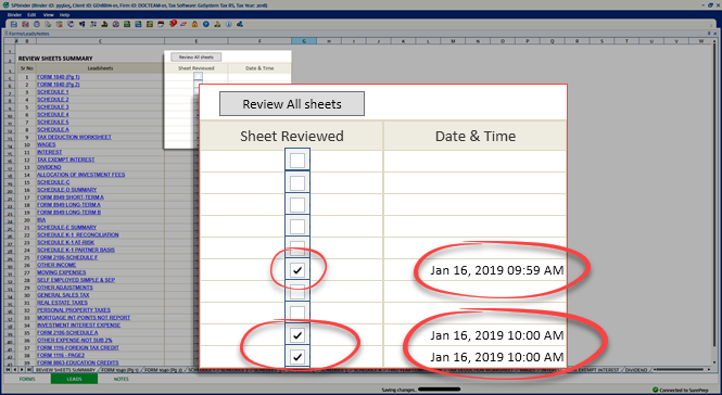 Selected checkboxes in the Sheet Reviewed column