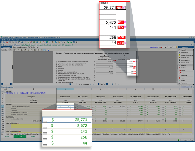 Red amount references on the source document