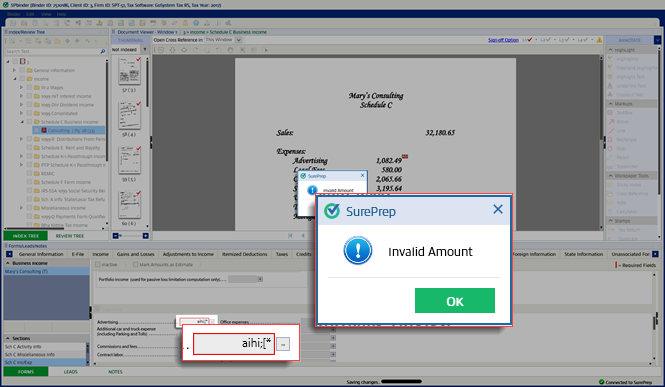 Warning of an invalid amount