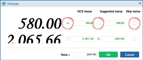 Select between OCR Value, Suggested Value, or Skip Value