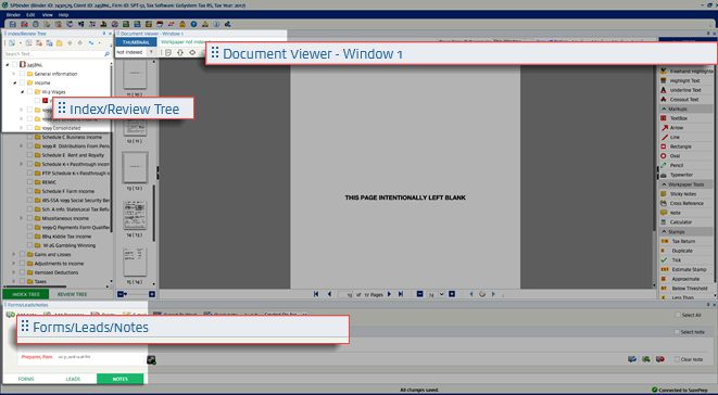 Overview of all three sections: Index/Review Tree, Document Viewer, and Forms/Leads/Notes