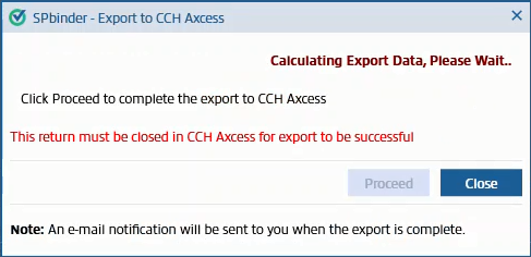 Notification that the export data is being calculated
