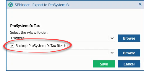 Select the Backup ProSystem fx tax file to: checkbox