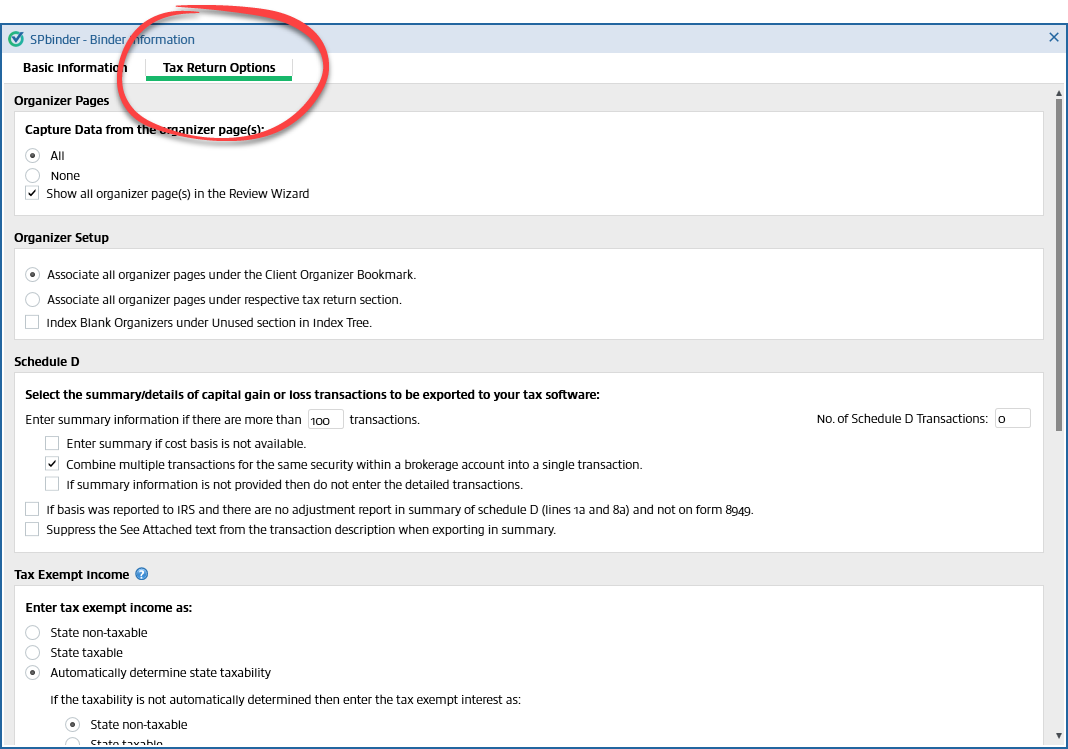 Select the&nbsp;Tax Return Options&nbsp;tab