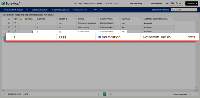 In Verification binder in FileRoom