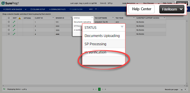 Binder with a blank STATUS