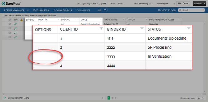 OPTIONS column in FileRoom