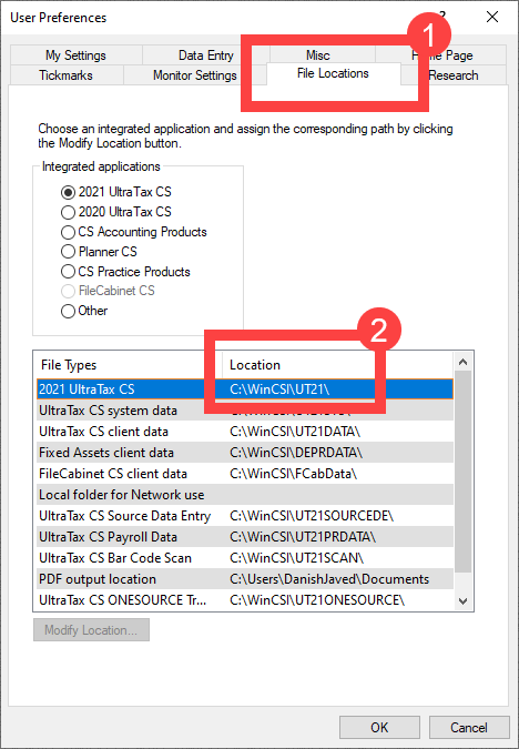 File Locations tab displaying Location