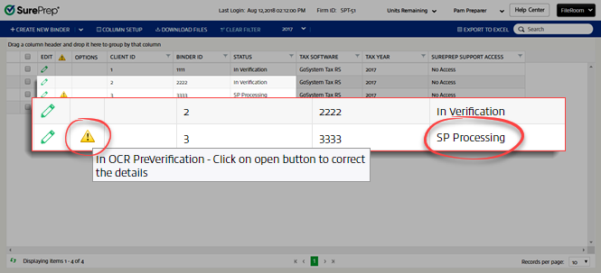 Attention icon appearing in an SP Processing binder