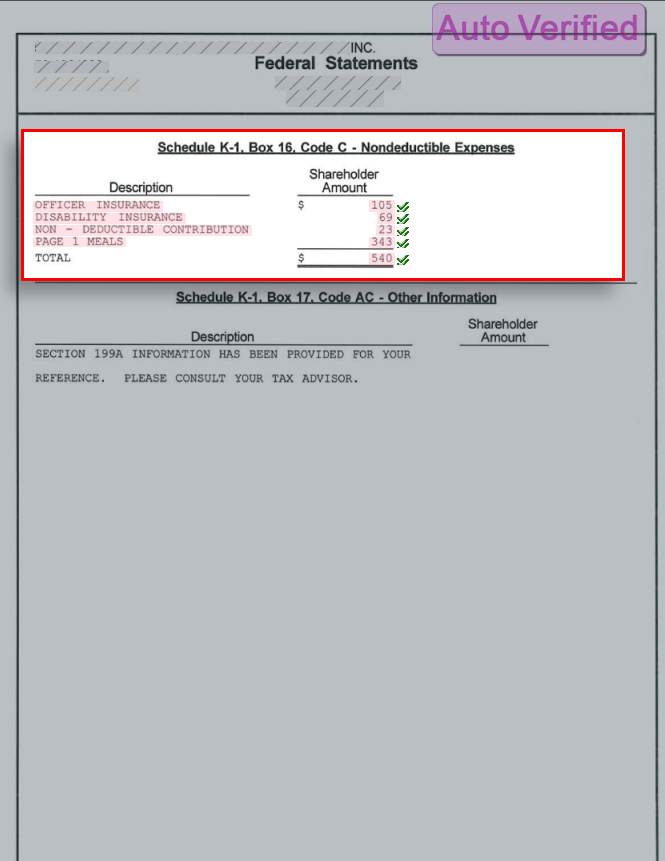 Schedule K-1 Auto-Verified Nondeductible Expenses