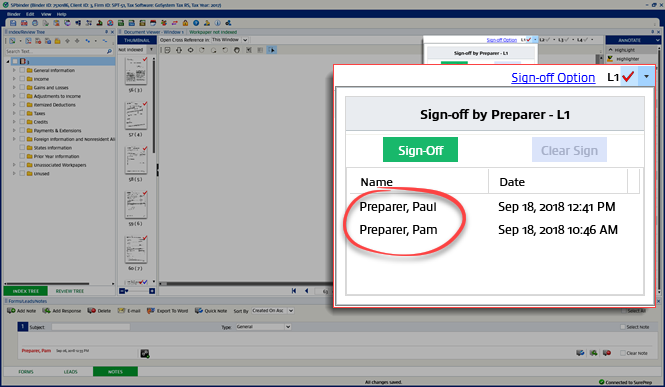 Name, date, and time of sign off information