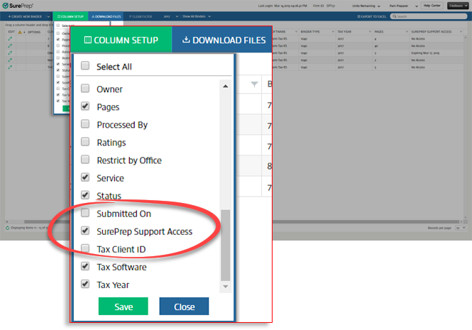 SurePrep Support Access column option