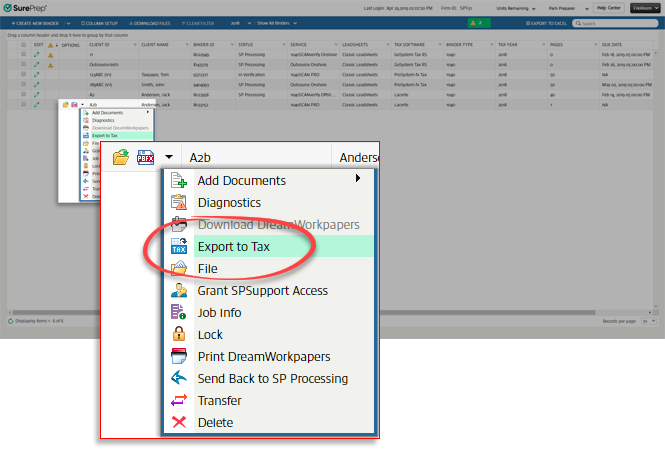 Select Export to Tax 