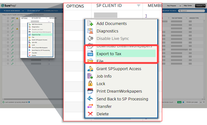 Select Export to Tax