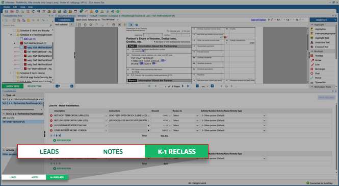 LEADS, NOTES, and K-1 RECLASS&nbsp;tabs