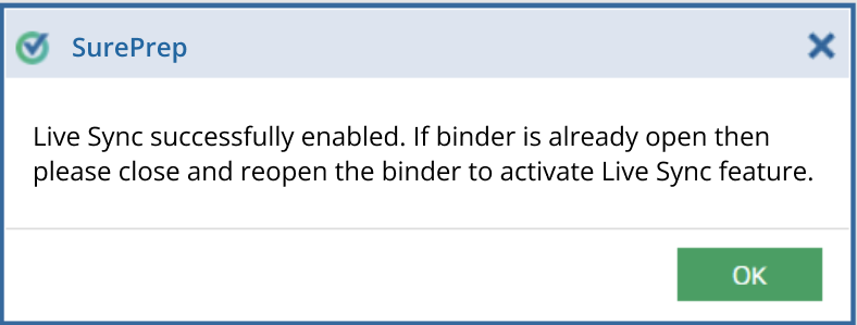 Notification that Live Sync has updated based on your selection