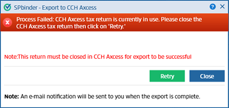 SPbinder export window shows a red banner with an error message informing the user that the export process failed.