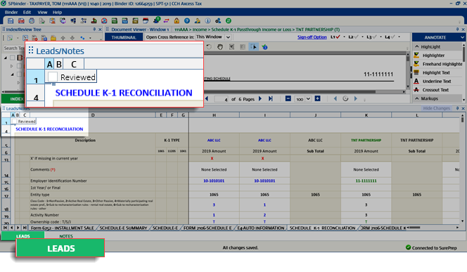 Schedule K-1 Reconciliation tab