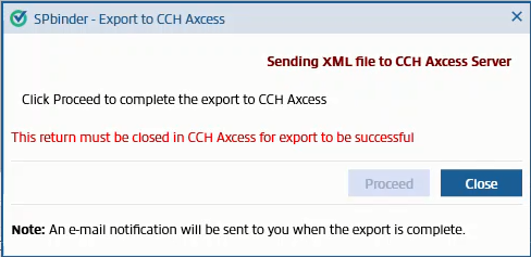 Notification that the XML file is being sent to CCH Axcess server