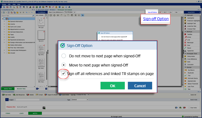 Select the Sign Off all references and linked TR stamps on pages checkbox