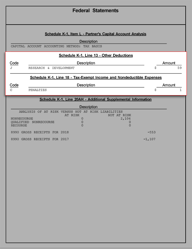 Schedule K-1 Other Deductions and Tax Exempt Income