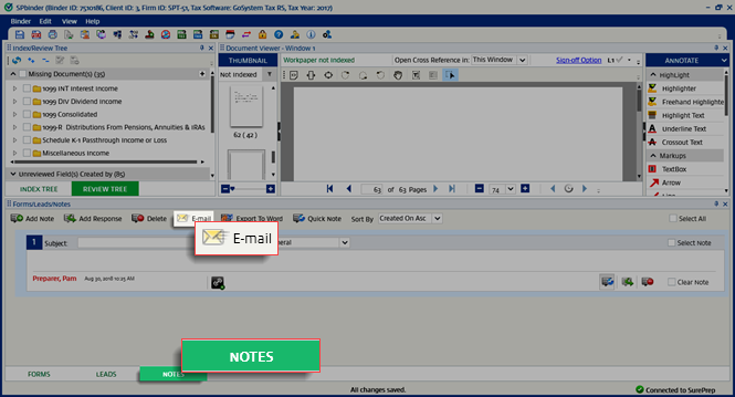 Email in the NOTES tab