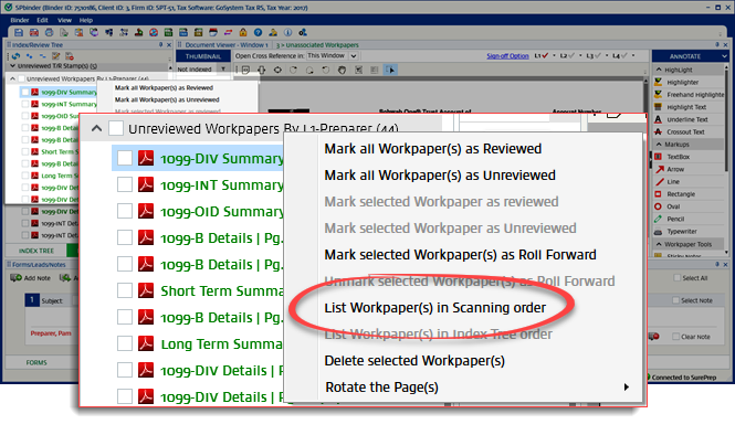 Select List Workpapers in Scanning Order