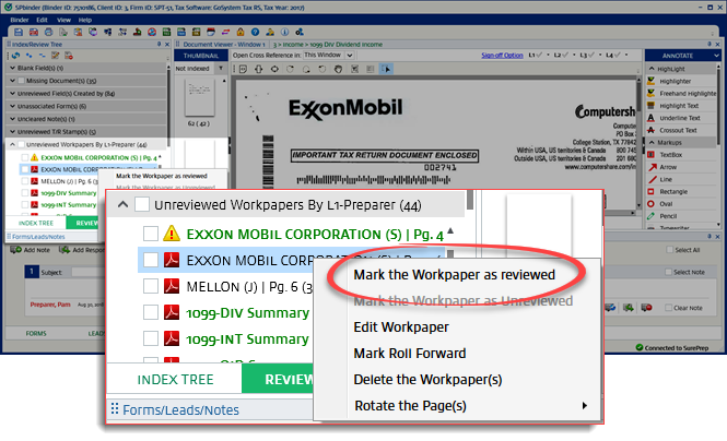 Select Mark Selected Workpaper as reviewed