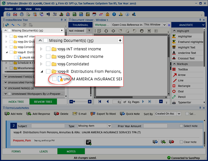 Missing item note&nbsp;icon appearing next to a document