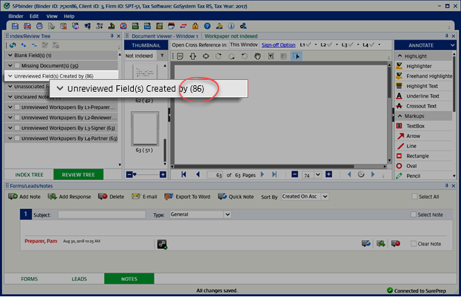 Count of documents in the Unreviewed Field(s) Created by category