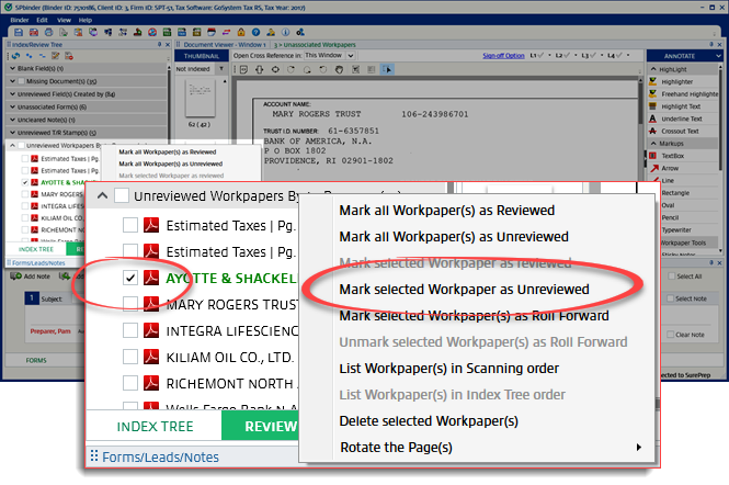 Select Mark selected Workpaper as Unreviewed