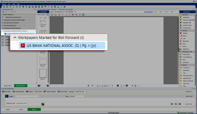 Document appearing in the Workpapers marked for Roll Forward category