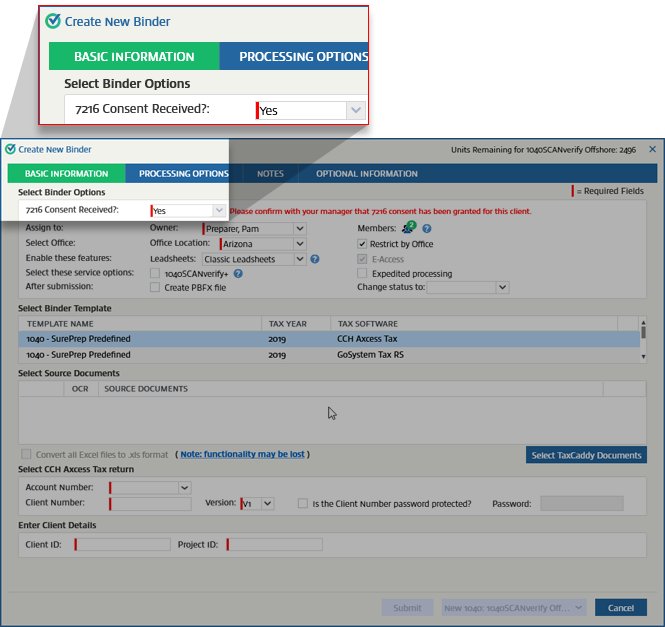 7216 Consent Received?&nbsp;option