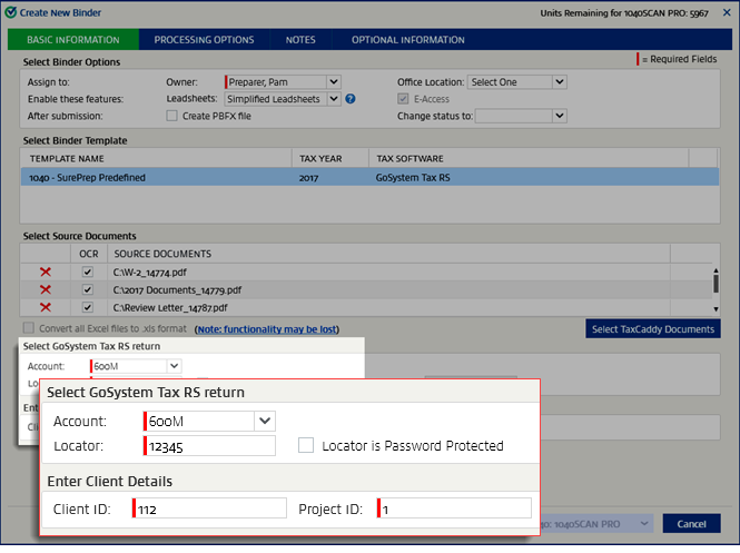 Select GoSystem Tax RS return section and Enter Client Details section