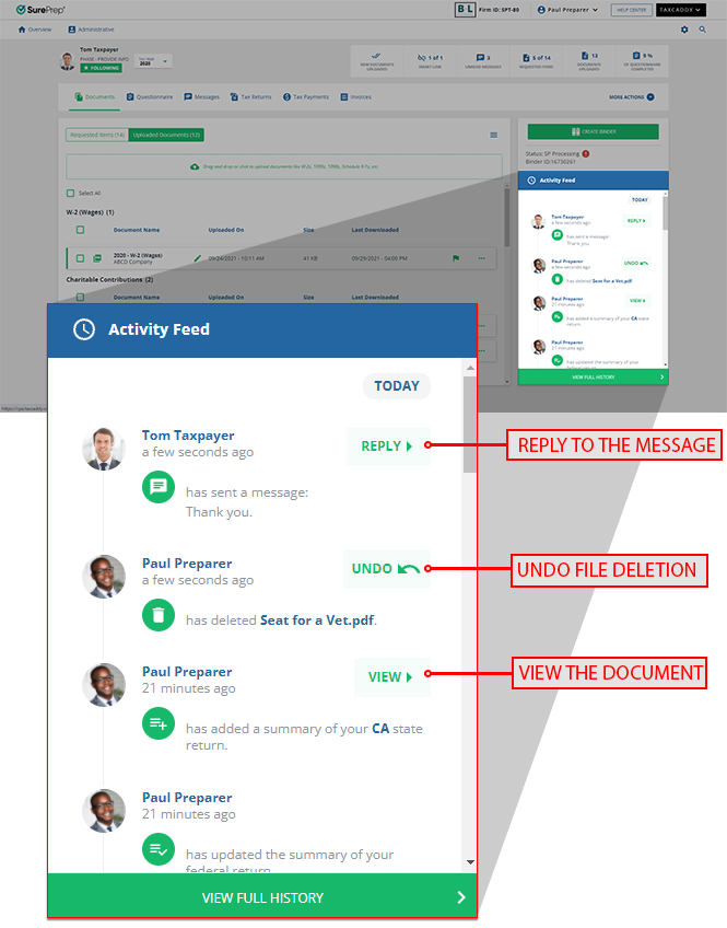 Various activities logged in the Activity feed